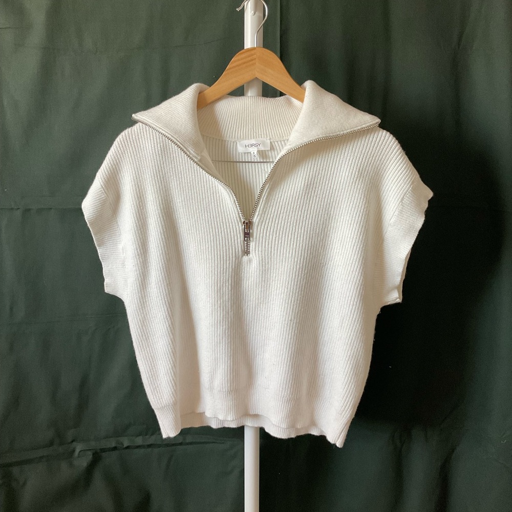 Zip-Front Short Sleeve Knit Sweater in Cream